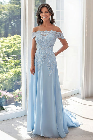 Bleu Ciel Une Ligne Hors Épaule Mousseline De Soie Appliquée Robe Mère De La Mariée